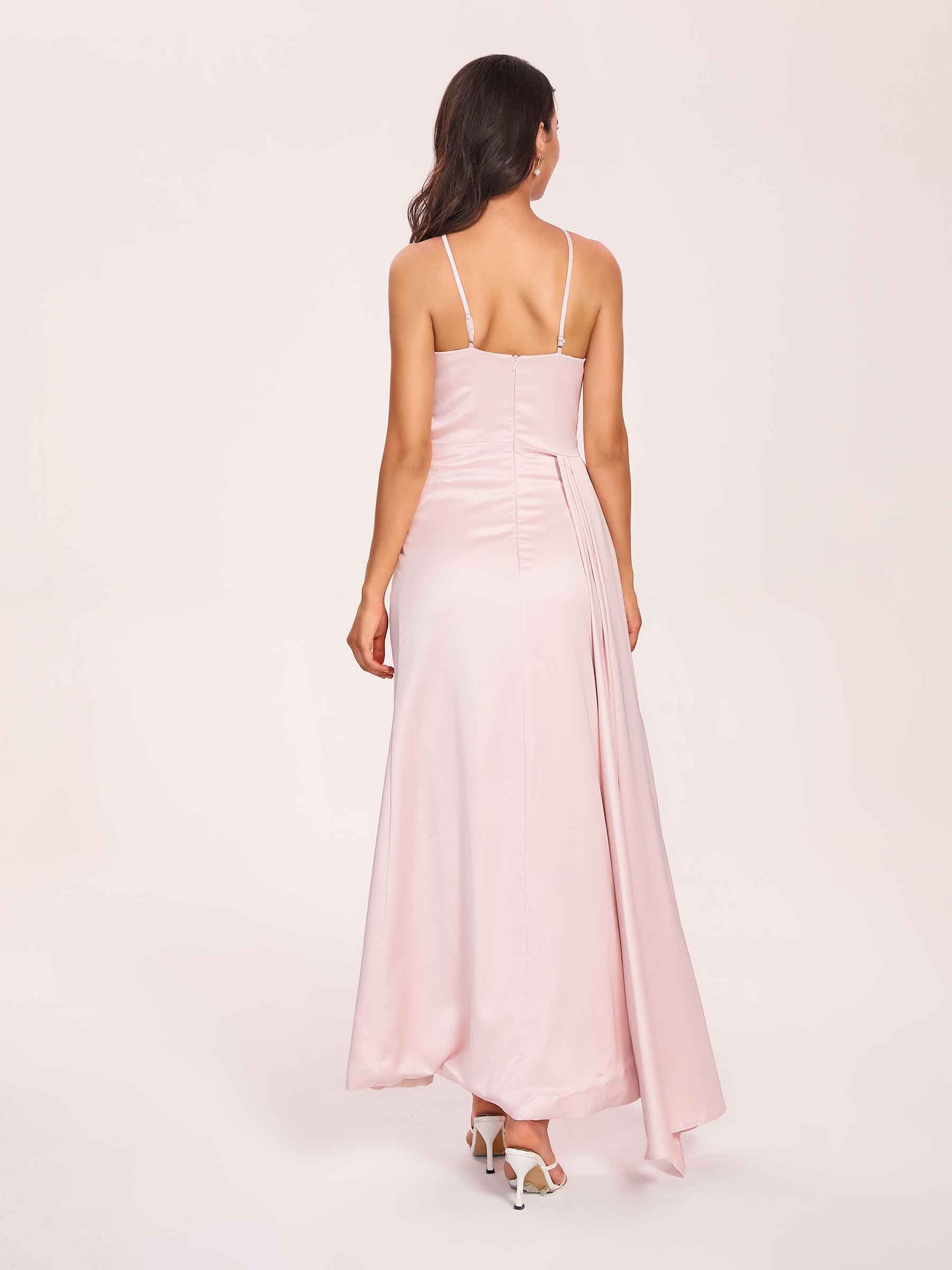 Sexy Satin Halter Strap Sheath Prom Dresses Side Slit Pleats Floor Length